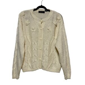 Vintage Cream Coquette Knit Cardigan 3D Rose Women Size M Soft‎ Girl Cottagecore